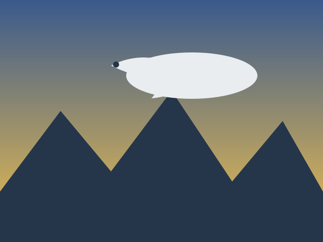 A flat illustration of an airship floating over stylised mountains at dusk — an obviously constructed scene